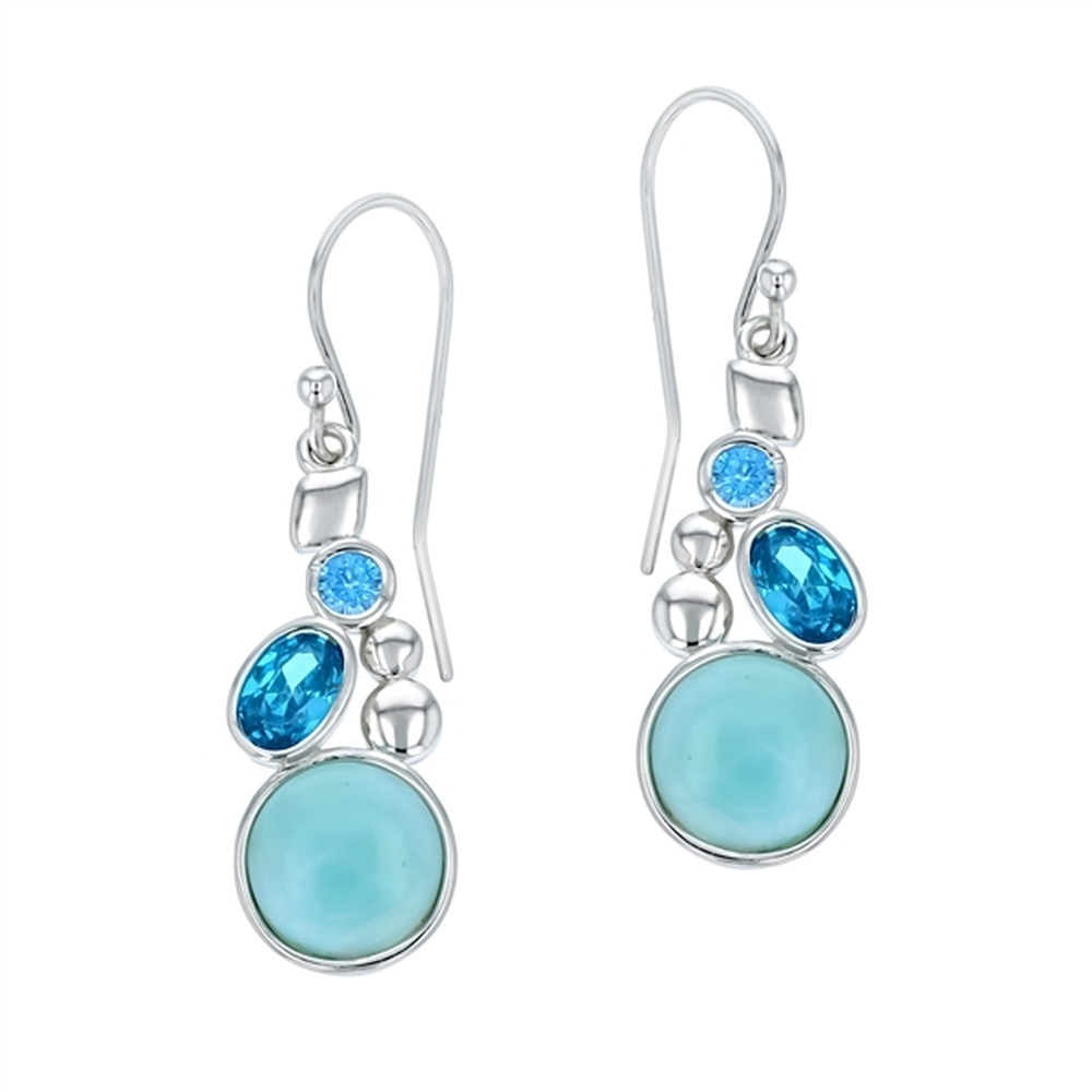 925 Sterling Silver Larimar Round & Oval Shape Drop Earrings French Wire 4.8 gm